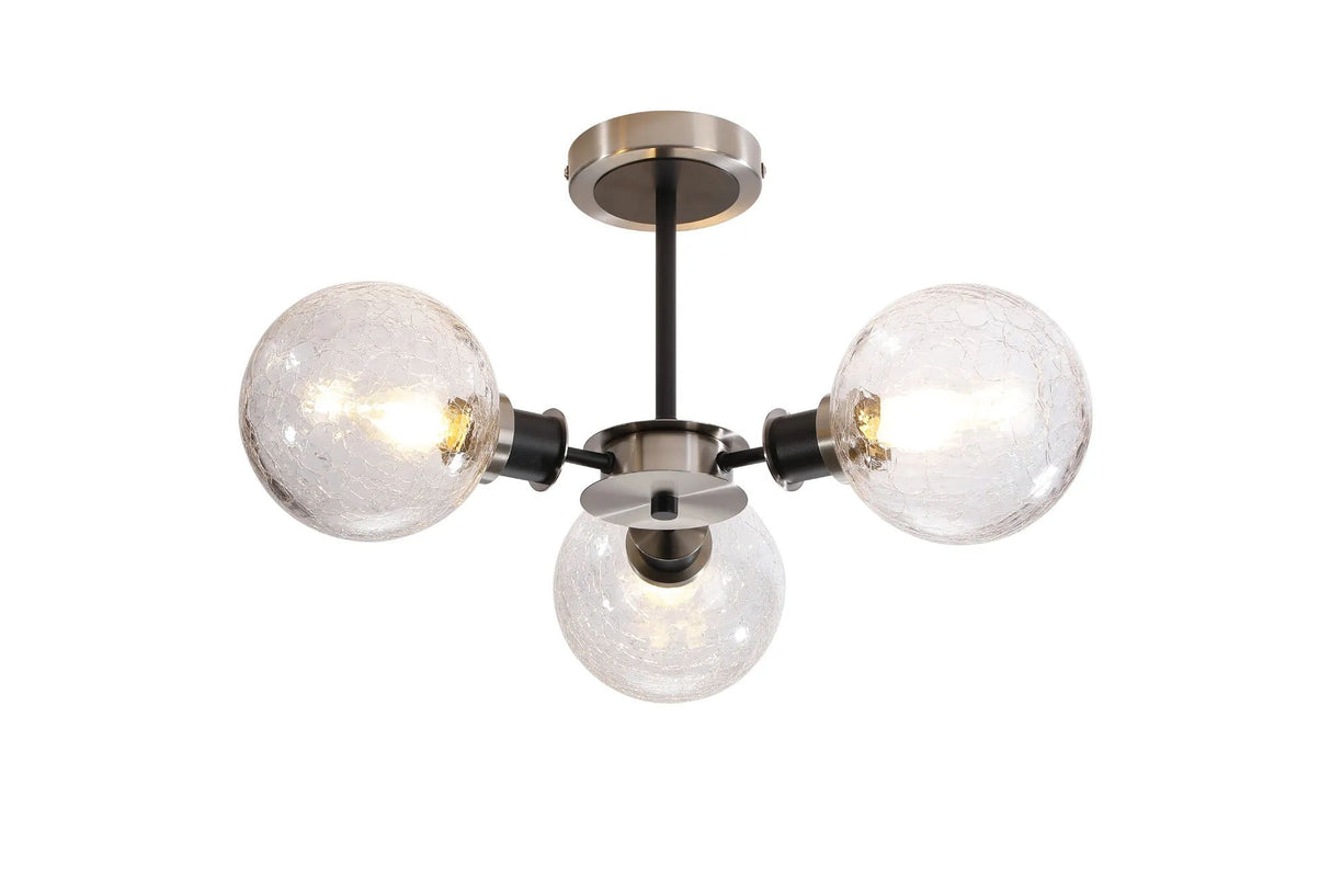 Stevens Semi Ceiling, 3 x E14 With 15cm Round Crackled Glass Shade, Satin Nickel, Clear & Satin Black