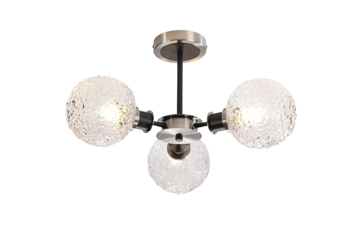 Stevens Semi Ceiling, 3 x E14 With 15cm Round Textured Crumple Glass Shade, Satin Nickel, Clear & Satin Black