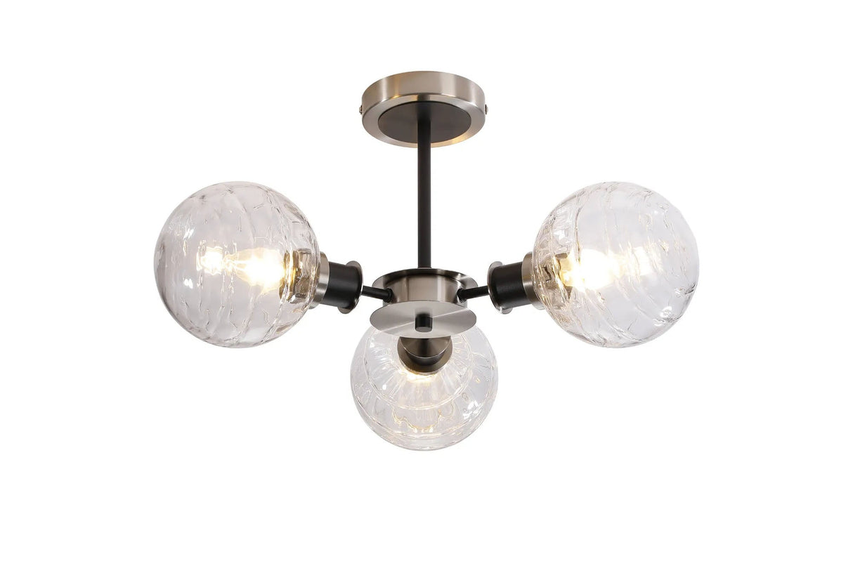 Stevens Semi Ceiling, 3 x E14 With 15cm Round Textured Melting Glass Shade, Satin Nickel, Clear & Satin Black