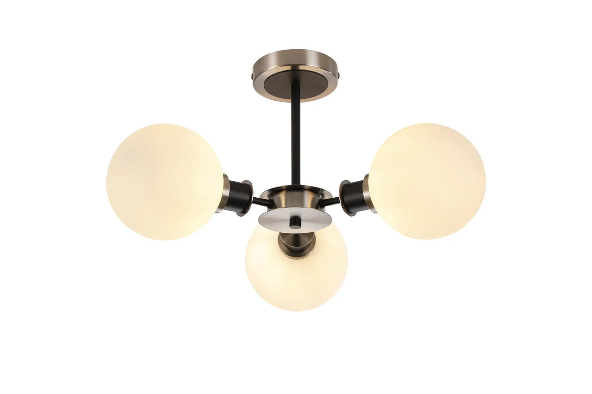 Stevens Semi Ceiling, 3 x E14 With 15cm Round Glass Shade, Satin Nickel, Opal & Satin Black