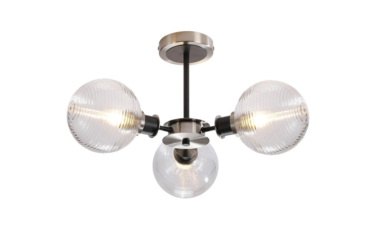 Stevens Semi Ceiling, 3 x E14 With 15cm Round Ribbed Glass Shade, Satin Nickel, Clear & Satin Black