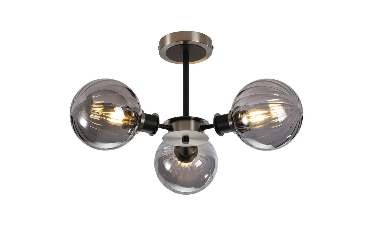Stevens Semi Ceiling, 3 x E14 With 15cm Round Segment Glass Shade, Satin Nickel, Smoke Plated & Satin Black