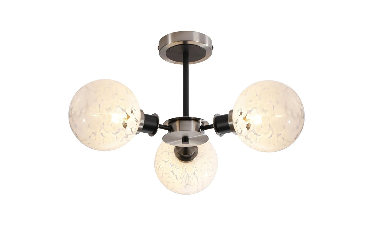 Stevens Semi Ceiling, 3 x E14 With 15cm Round Speckled Glass Shade, Satin Nickel, White & Satin Black