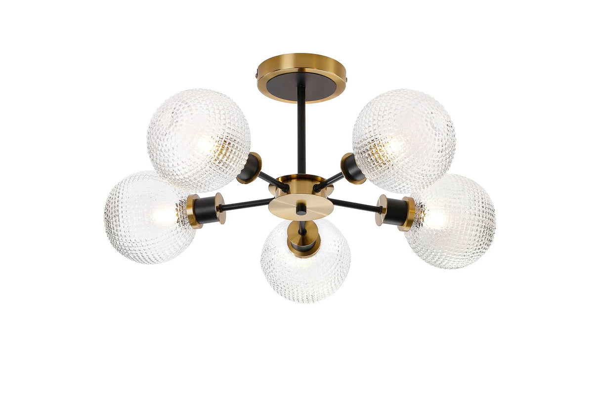 Stevens Semi Ceiling, 5 x E14 With 15cm Round Textured Diamond Pattern Glass Shade, Brass, Clear & Satin Black