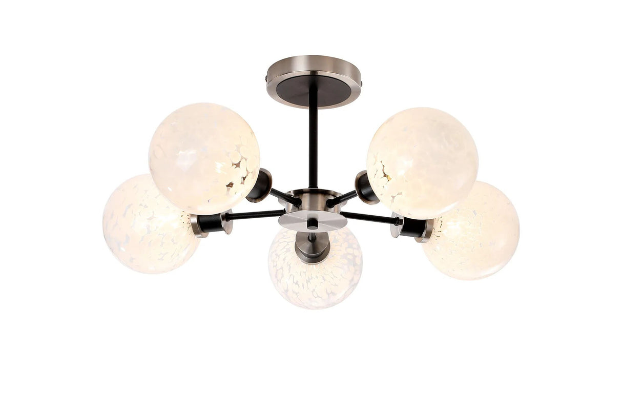 Stevens Semi Ceiling, 5 x E14 With 15cm Round Speckled Glass Shade, Satin Nickel, White & Satin Black