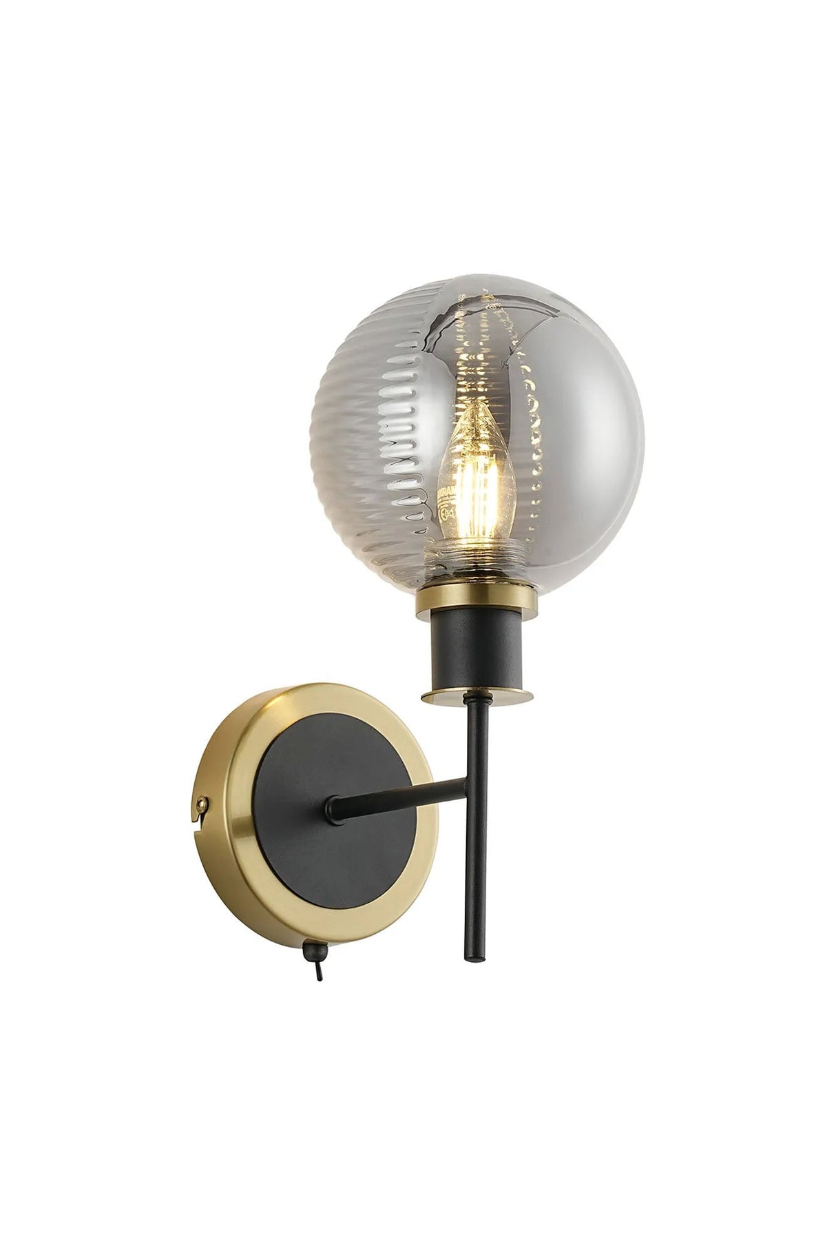 Stevens Switched Wall Light, 1 x E14 With 15cm Round Double Textured Smooth/Ribbed Glass Shade, Brass, Smoke Plated & Satin Black