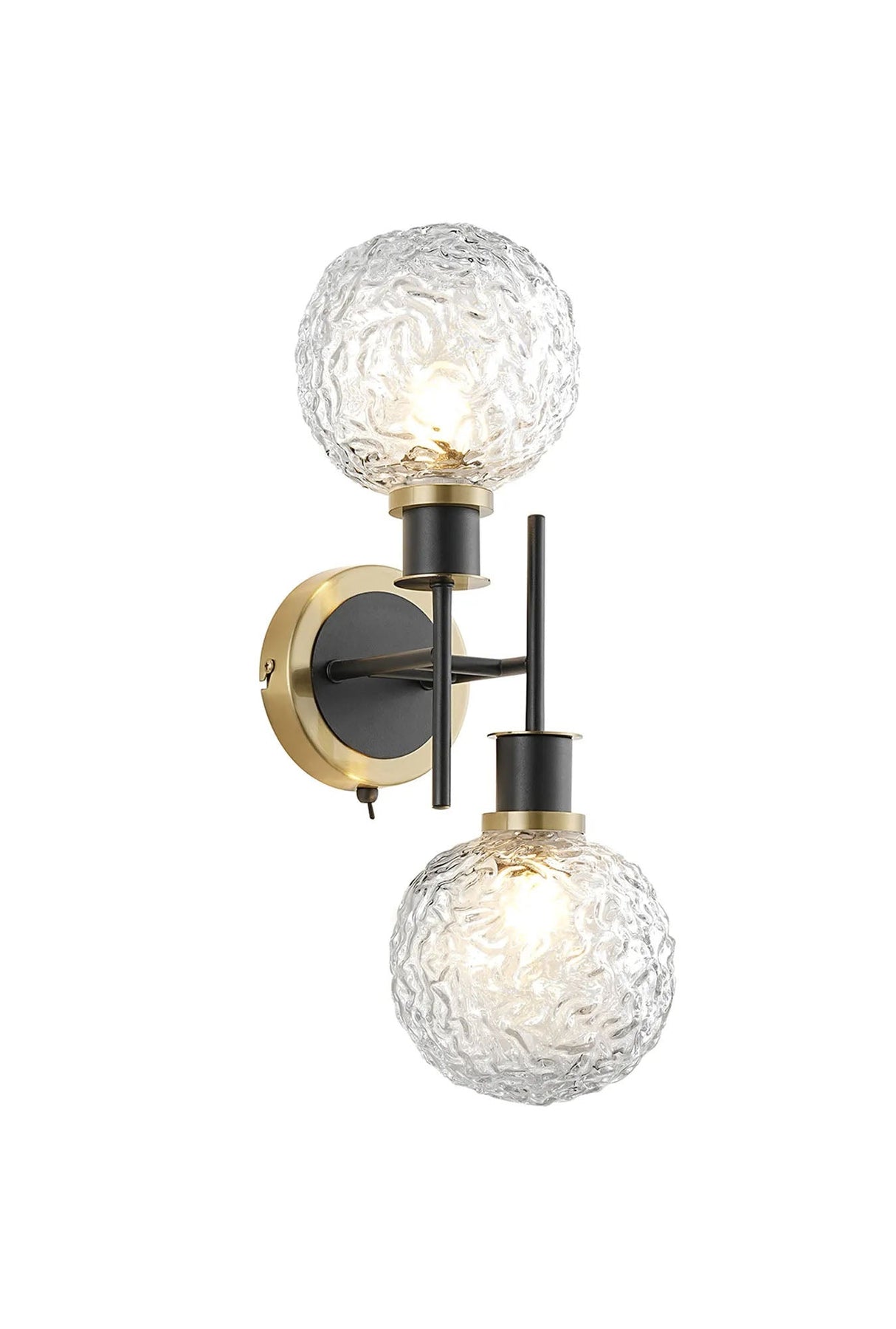 Stevens Switched Wall Light, 2 x E14 With 15cm Round Textured Crumple Glass Shade, Brass, Clear & Satin Black