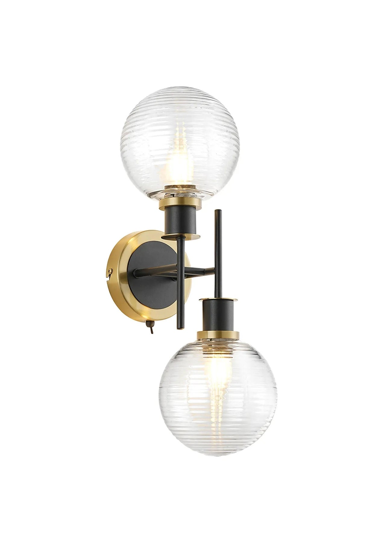 Stevens Switched Wall Light, 2 x E14 With 15cm Round Ribbed Glass Shade, Brass, Clear & Satin Black