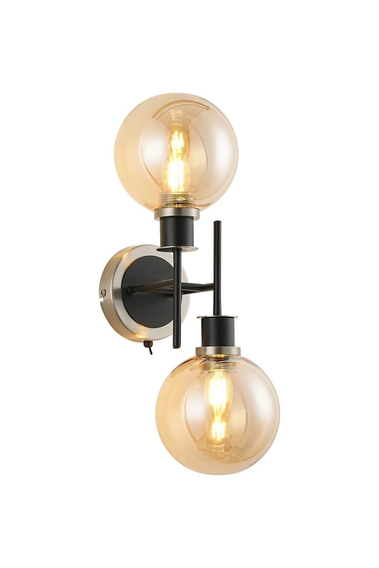 Stevens Switched Wall Light, 2 x E14 With 15cm Round Glass Shade, Satin Nickel, Amber Plated & Satin Black