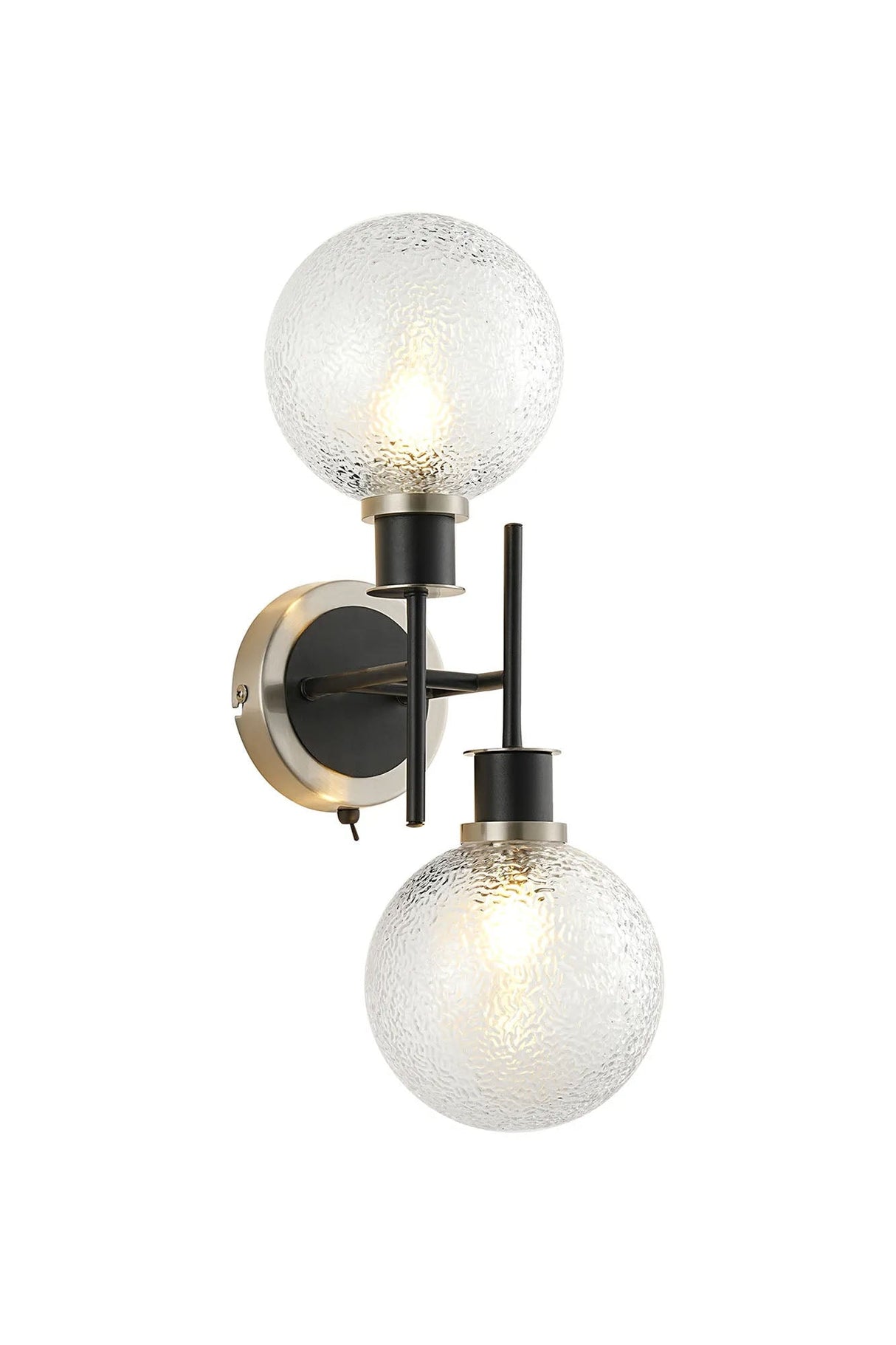 Stevens Switched Wall Light, 2 x E14 With 15cm Round Dimpled Glass Shade, Satin Nickel, Clear & Satin Black