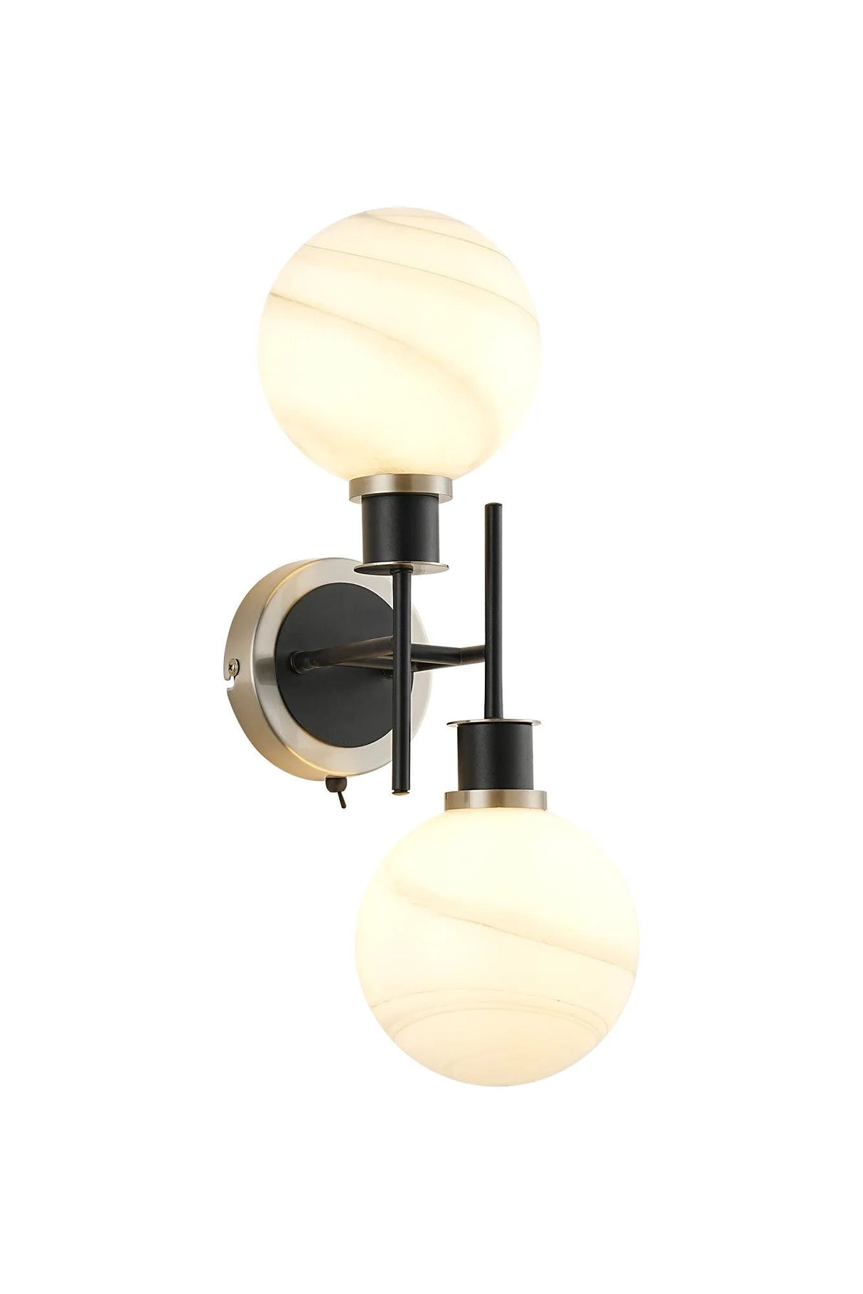 Stevens Switched Wall Light, 2 x E14 With 15cm Round Marble Effect Glass Shade, Satin Nickel, White & Satin Black