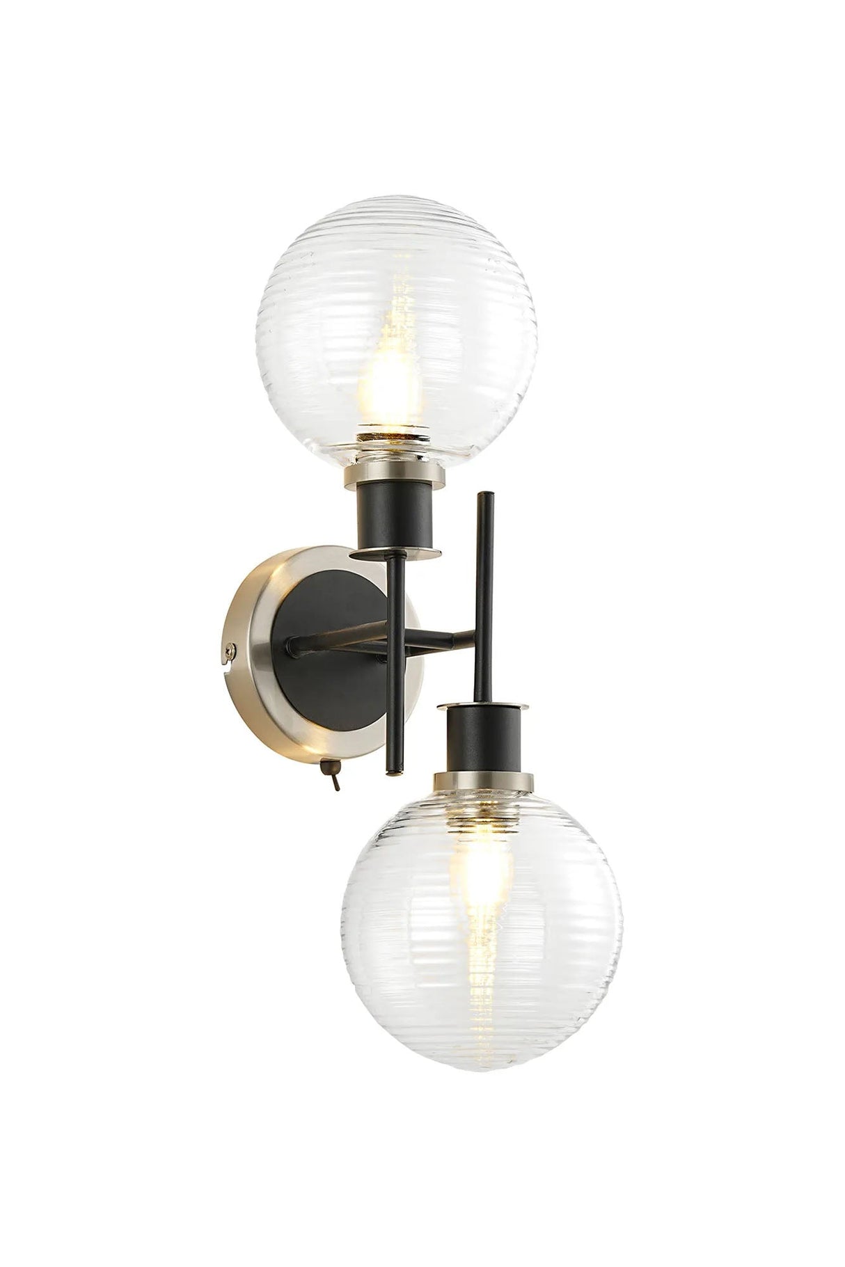 Stevens Switched Wall Light, 2 x E14 With 15cm Round Ribbed Glass Shade, Satin Nickel, Clear & Satin Black