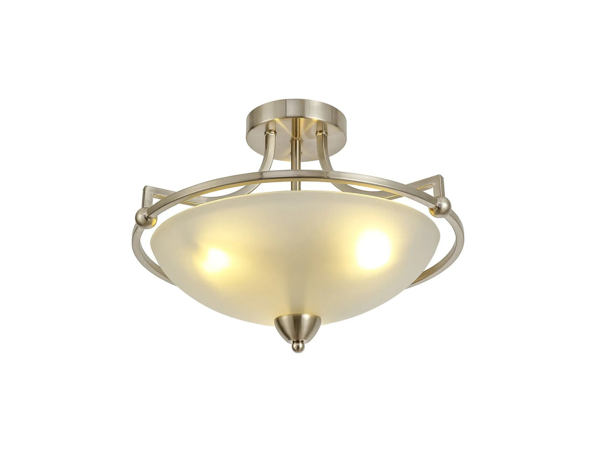 Stokoe Semi Flush Ceiling, 3 x E27, Satin Nickel/Frosted Glass