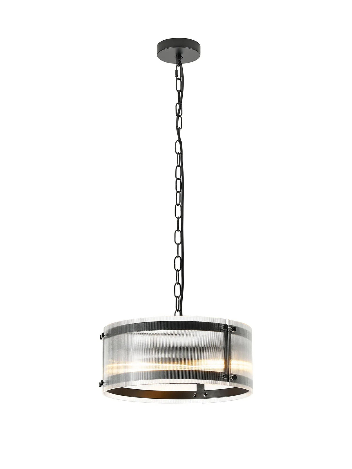 Stuckey 35cm Pendant, 2 x E27, Matt Black / Narrow Ribbed Clear (B) Glass