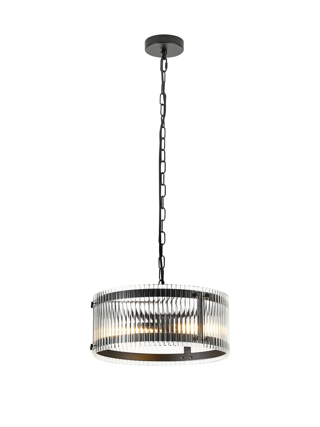 Stuckey 35cm Pendant, 2 x E27, Matt Black / Wide Ribbed Clear (C) Glass