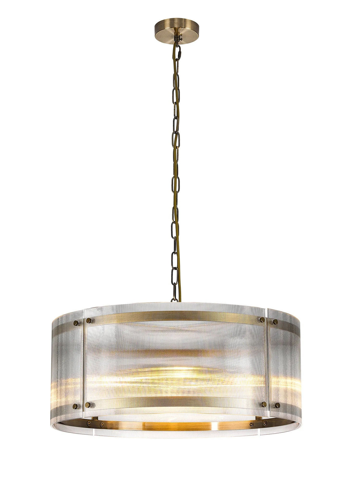 Stuckey 56.5cm Pendant, 4 x E27, Antique Brass / Narrow Ribbed Clear (B) Glass