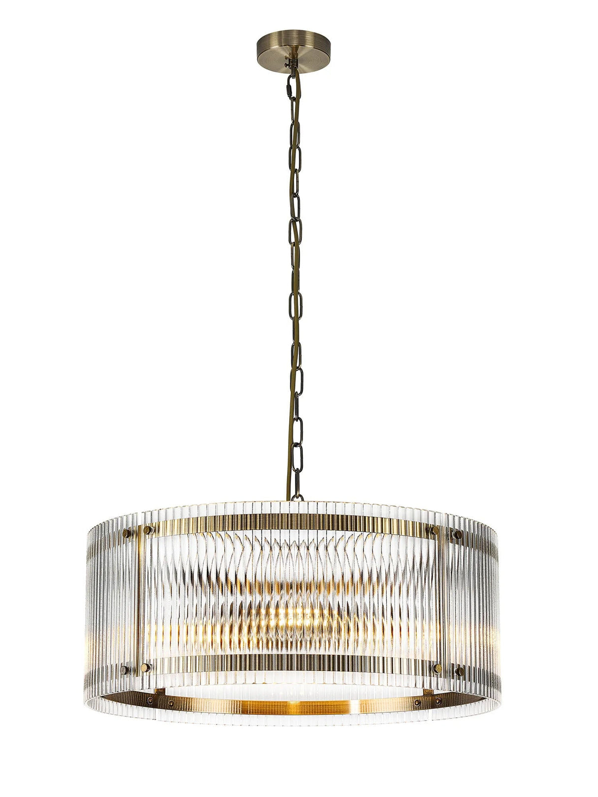 Stuckey 56.5cm Pendant, 4 x E27, Antique Brass / Wide Ribbed Clear (C) Glass
