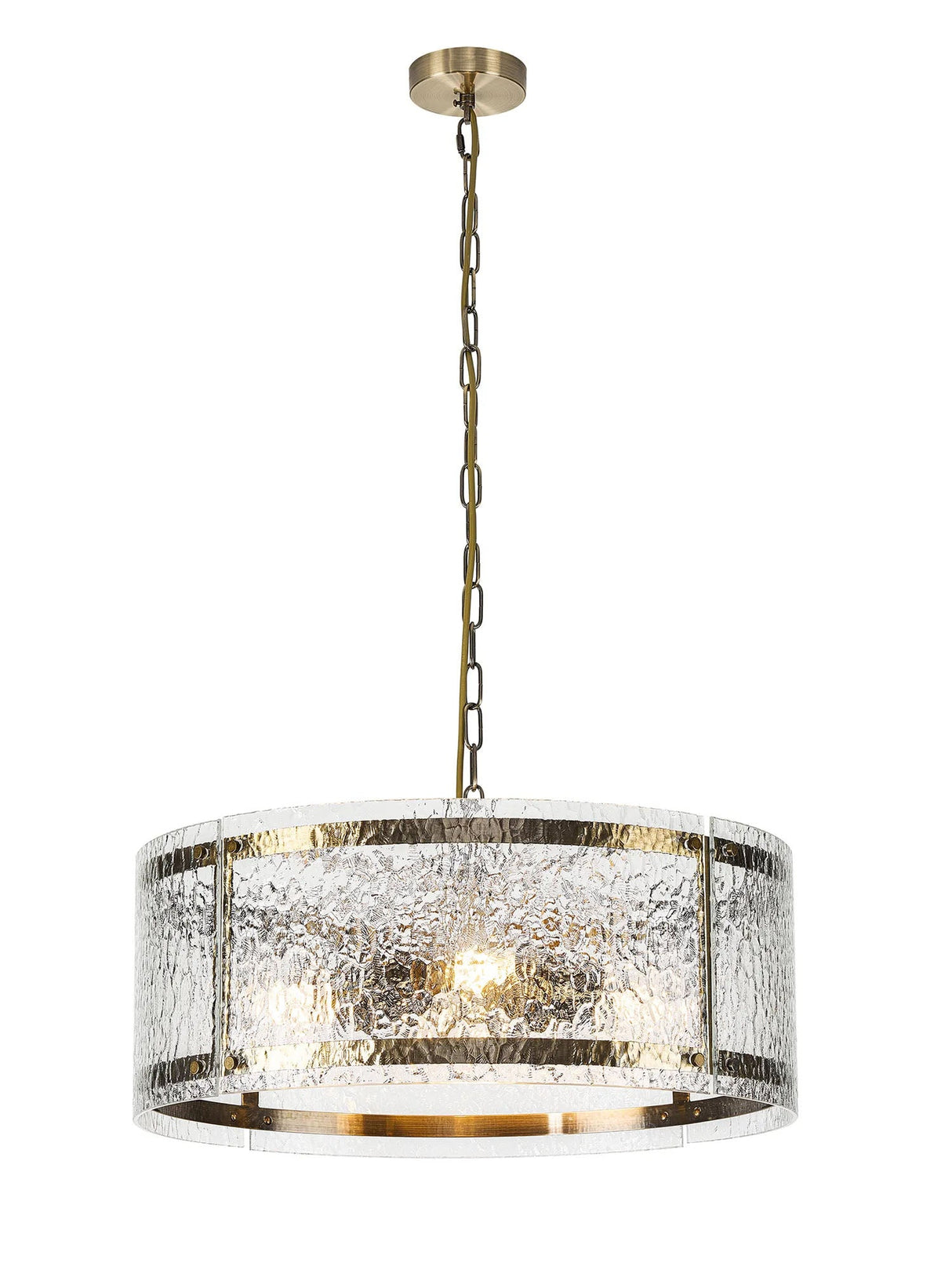Stuckey 56.5cm Pendant, 4 x E27, Antique Brass / Cobbled Clear (D) Glass