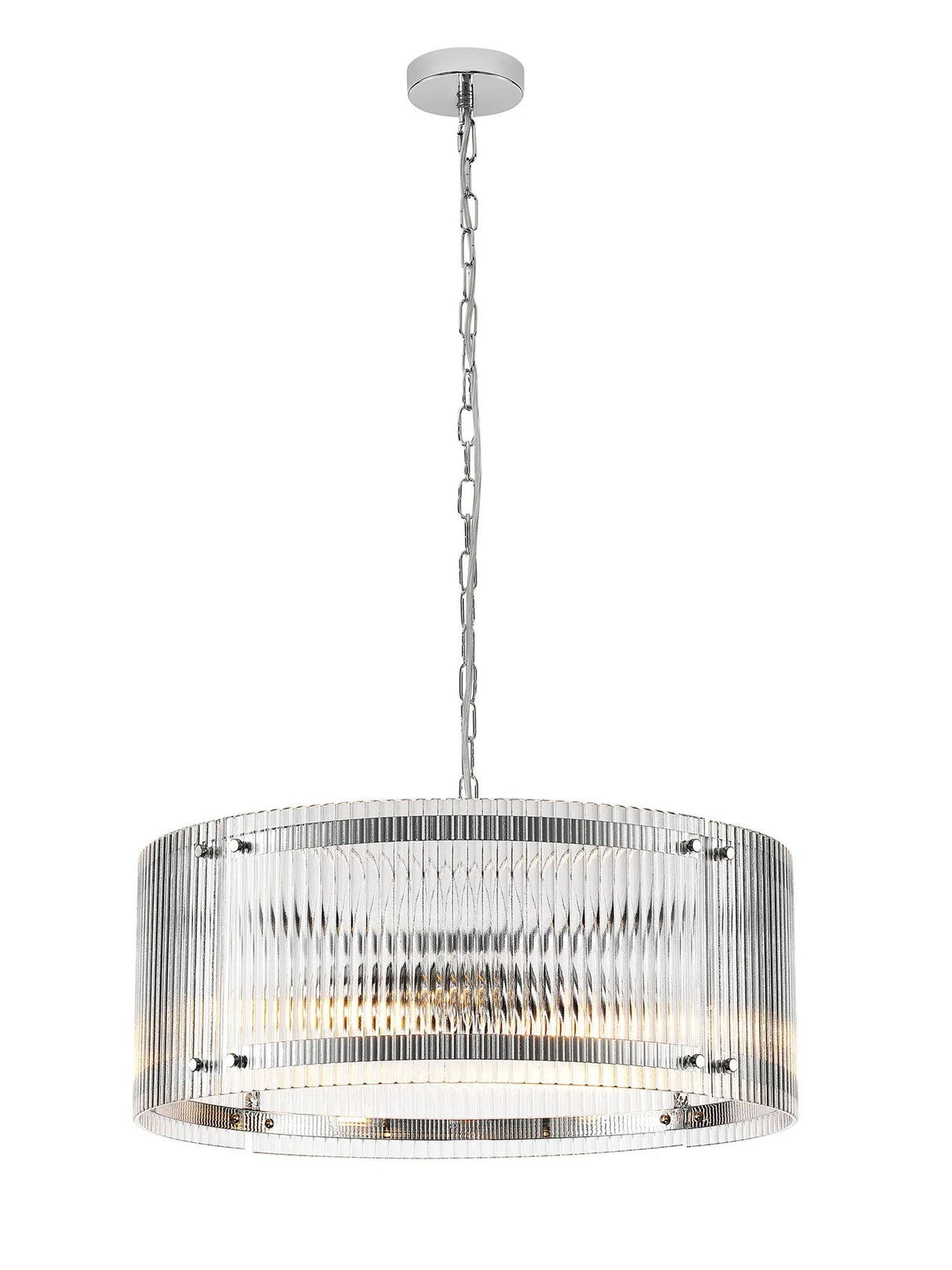 Stuckey 56.5cm Pendant, 4 x E27, Polished Chrome / Wide Ribbed Clear (C) Glass