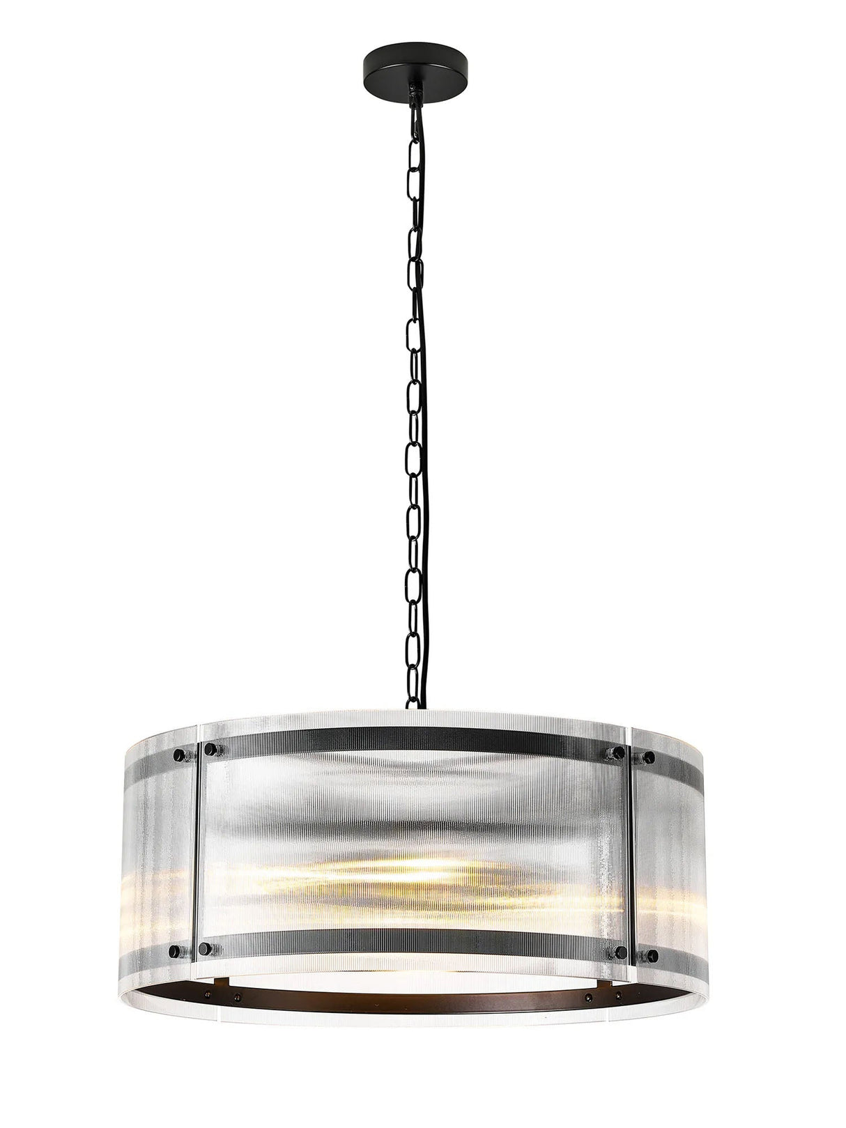 Stuckey 56.5cm Pendant, 4 x E27, Matt Black / Narrow Ribbed Clear (B) Glass