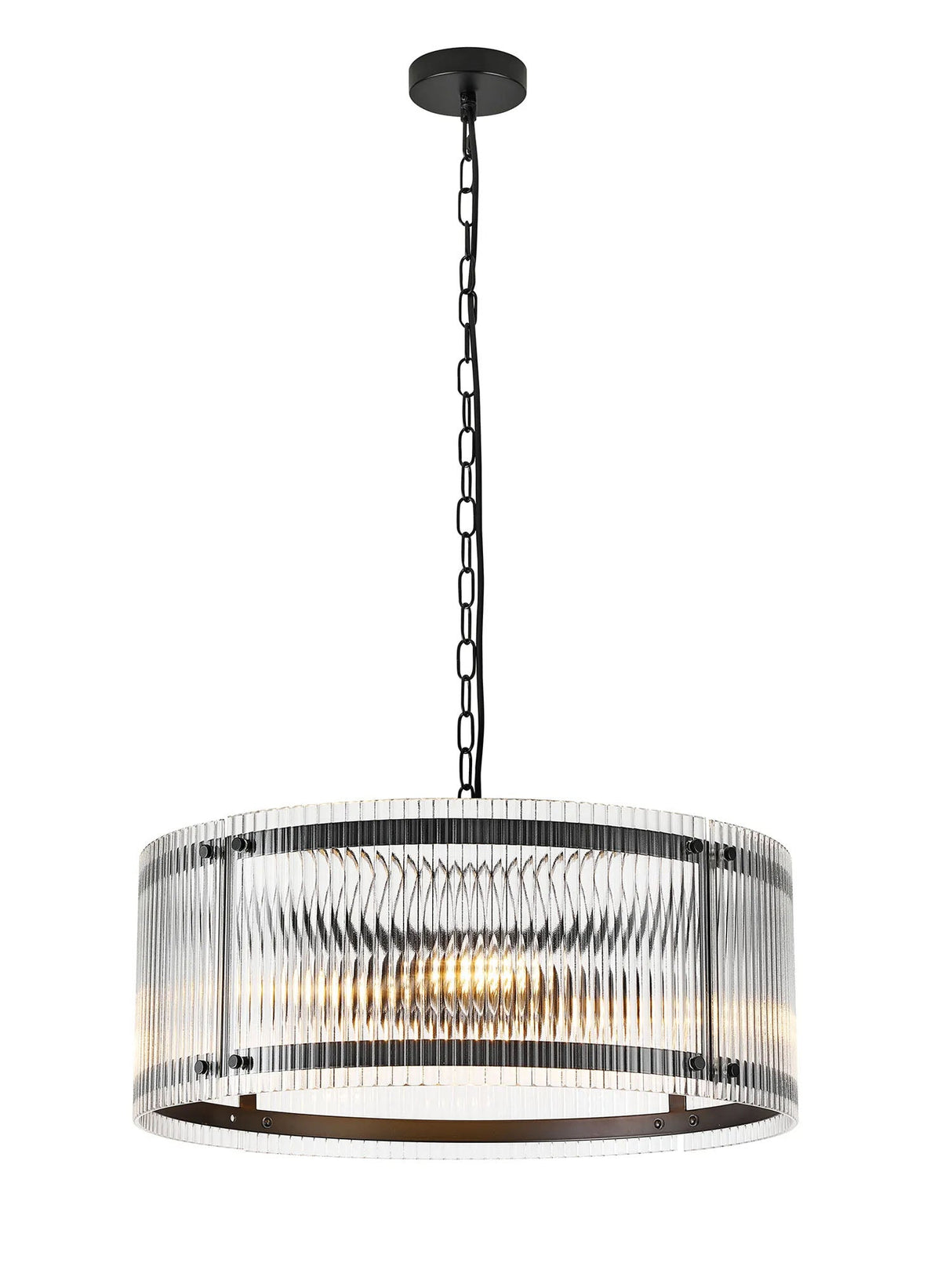 Stuckey 56.5cm Pendant, 4 x E27, Matt Black / Wide Ribbed Clear (C) Glass