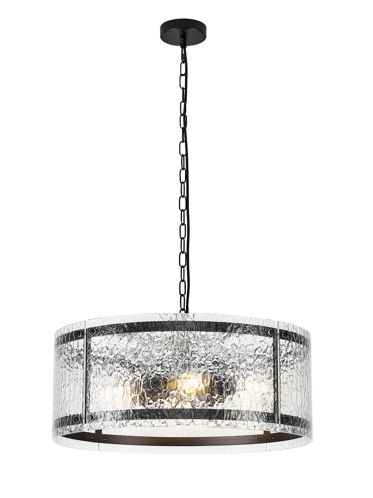 Stuckey 56.5cm Pendant, 4 x E27, Matt Black / Cobbled Clear (D) Glass