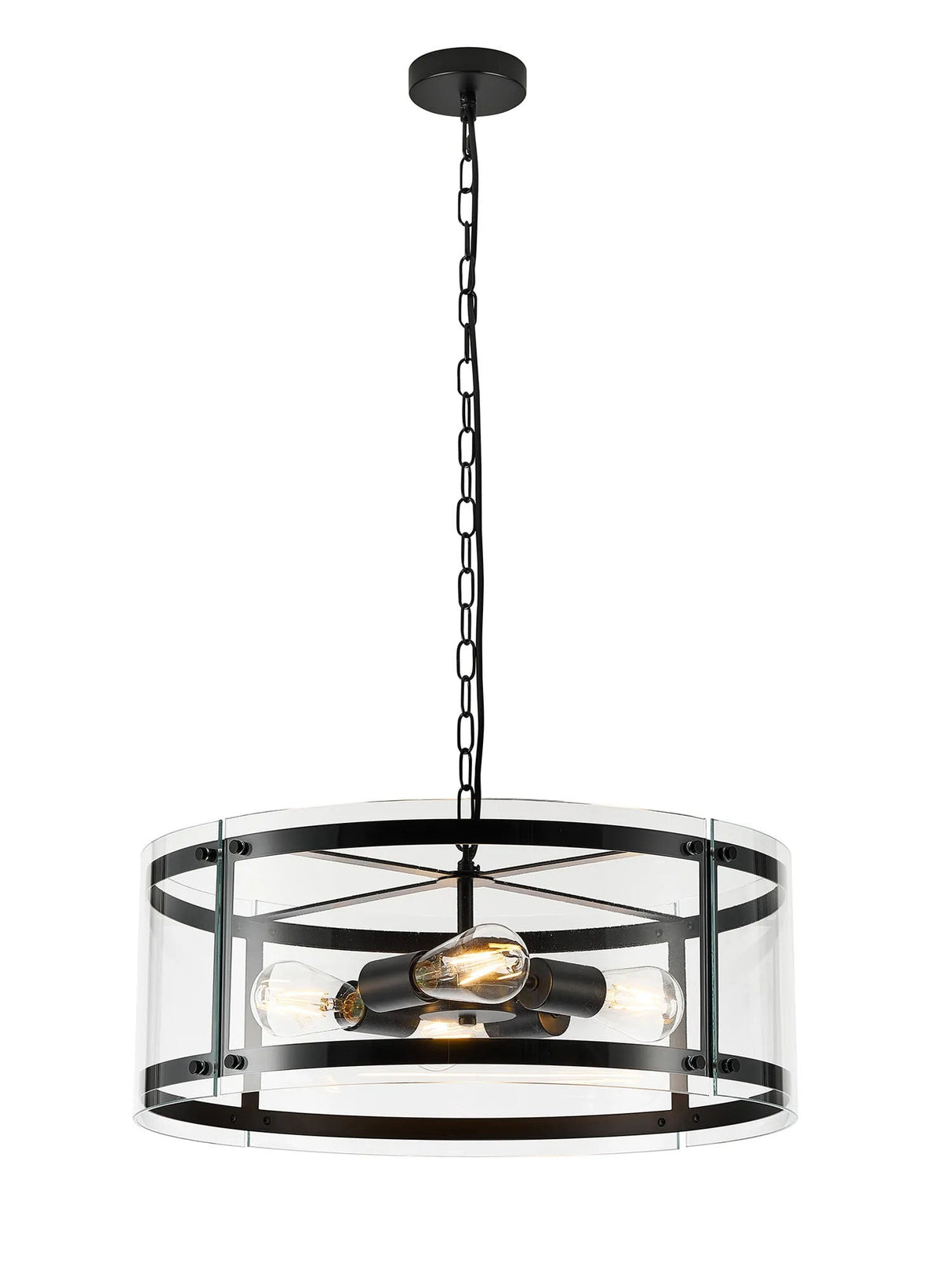 Stuckey Pendant, 4 x E27, Matt Black / Plain Clear (A) Glass