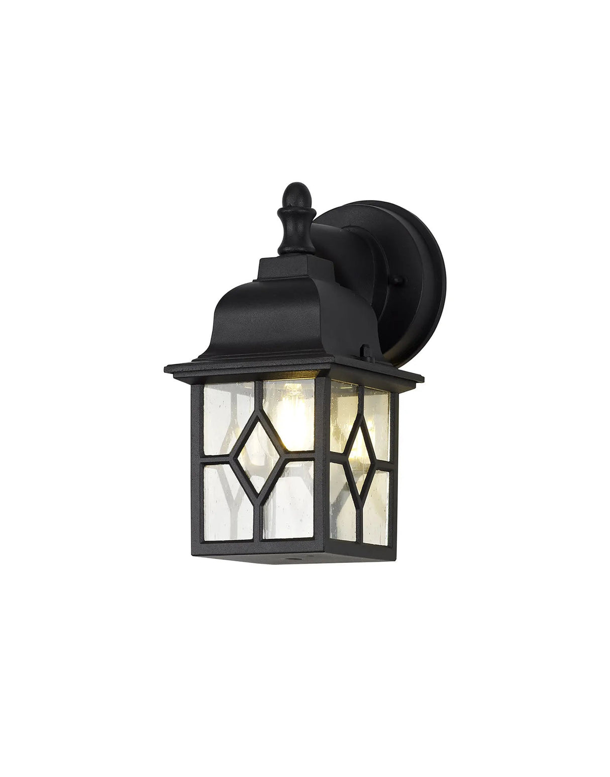 Stuckey Down Square Criss Cross Wall Lamp, 1 x E27, IP44, Sand Black/Clear Seeded Glass