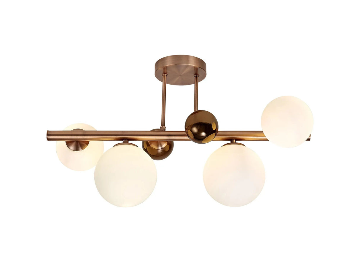Suggett Semi Flush Ceiling Light, 4 x G9, Antique Copper, Opal & Copper Glass