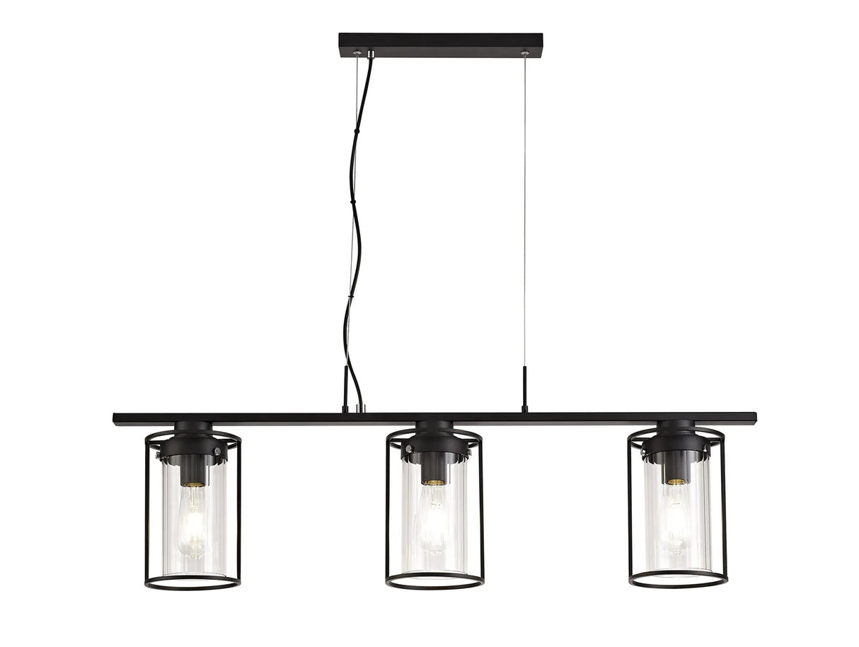 Swinburne Linear Pendant, 3 x E27, Black/Clear Glass