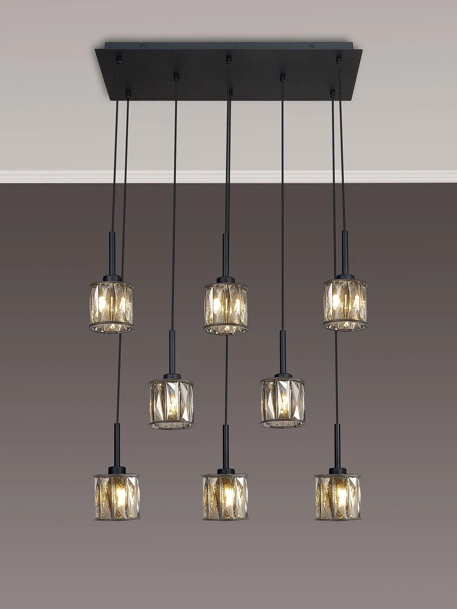Swindlehirs 8 x G9 2m Rectangle Multiple Pendant Satin Black/Smoke Crystal Shade