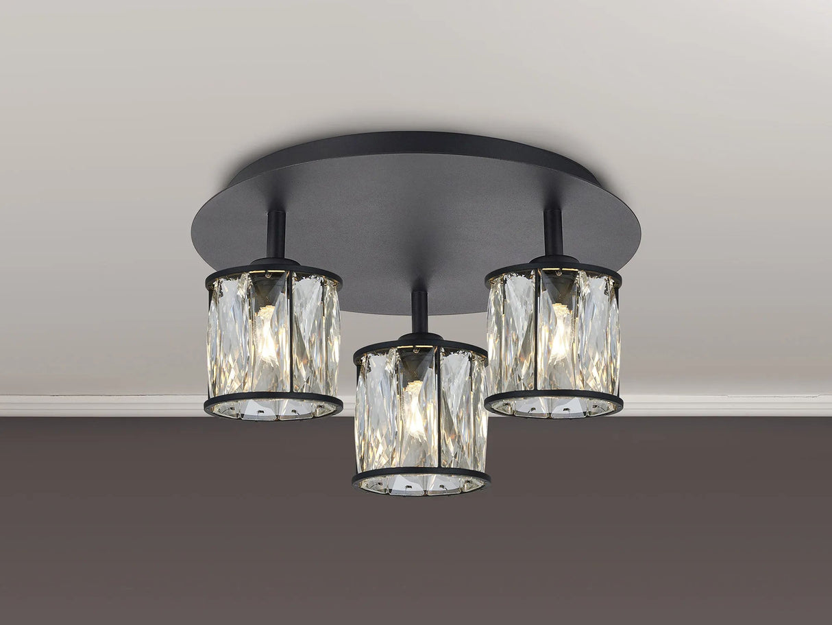 Swindlehirs Satin Black Round 3 x G9 35cm Flush Light With Clear Crystal