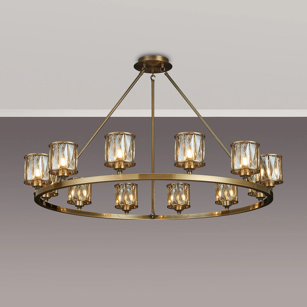 Swindlehirs Antique Brass 12 Light With Cognac Crystal Round G9 Telescopic Light With Cognac Crystal