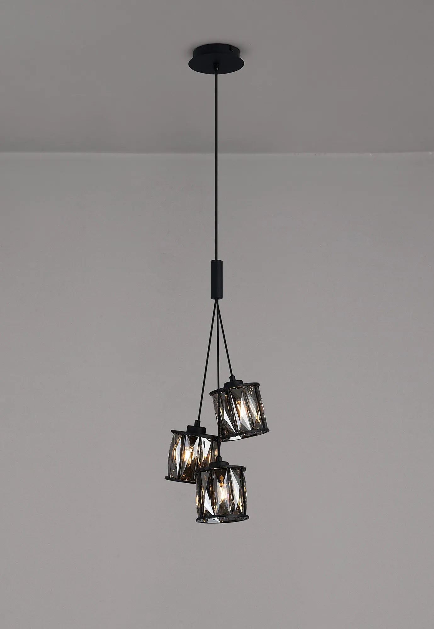 Swindlehirs 3 Light G9 2m 1 Drop Cluster Pendant Sand Black / Smoked Crystal Shade