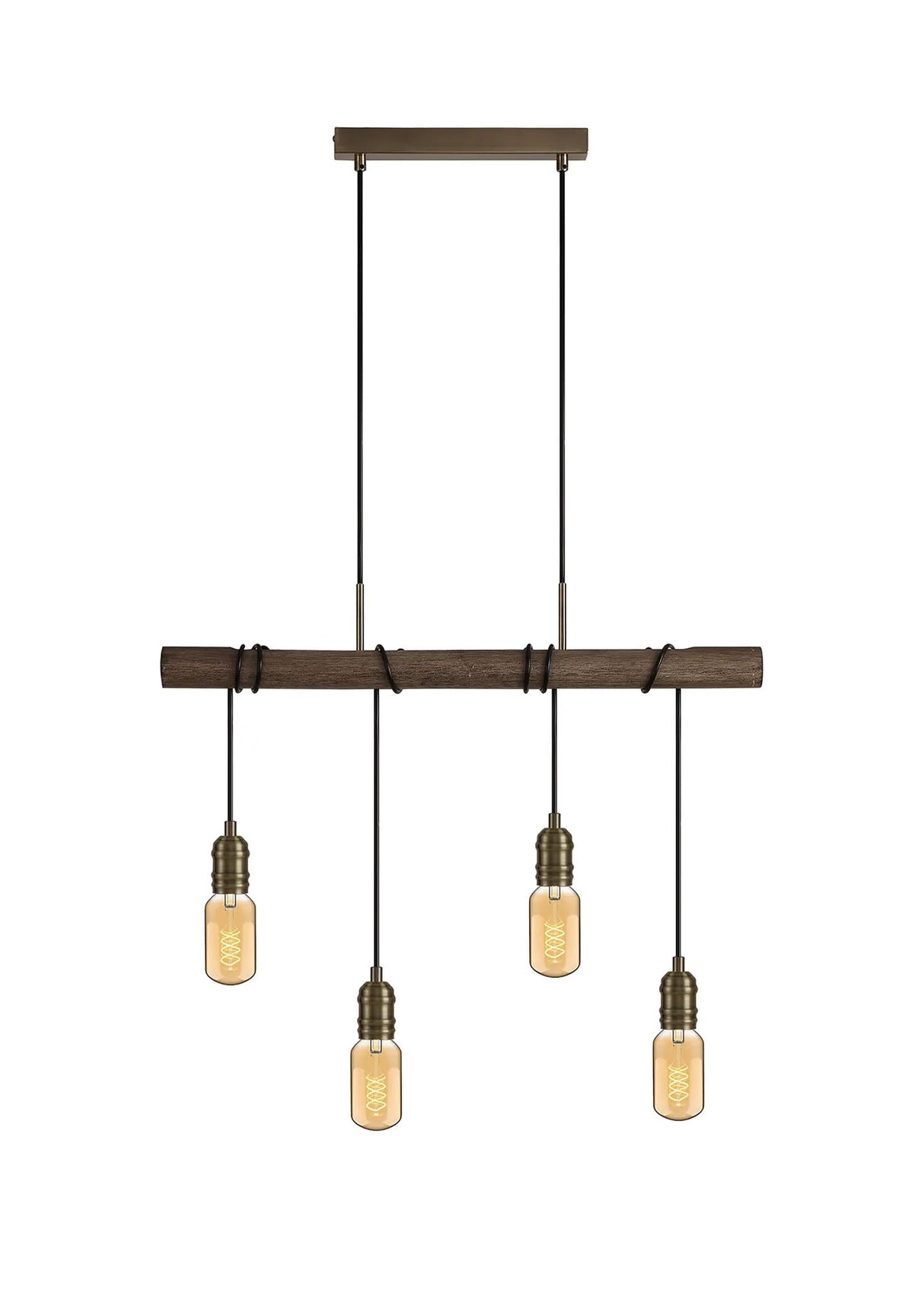 Tiler Wood Pendant, 4 x E27, Medium Oak/Antique Brass