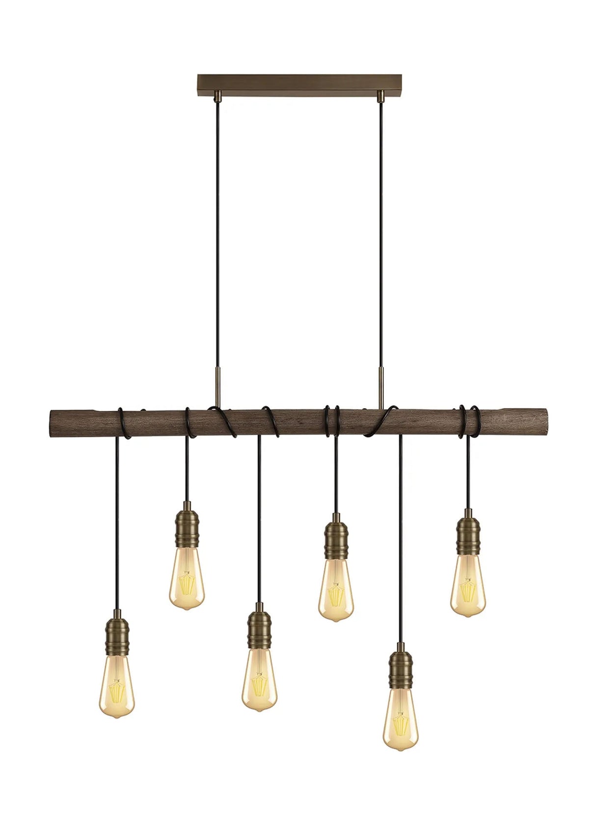Tiler Wood Pendant, 6 x E27, Medium Oak/Antique Brass
