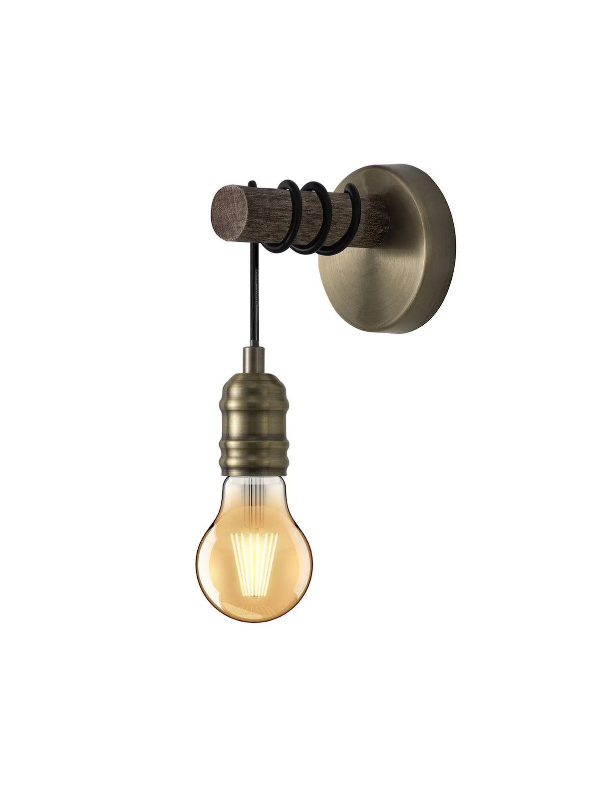 Tiler Wood Wall Light, 1 x E27, Medium Oak/Antique Brass