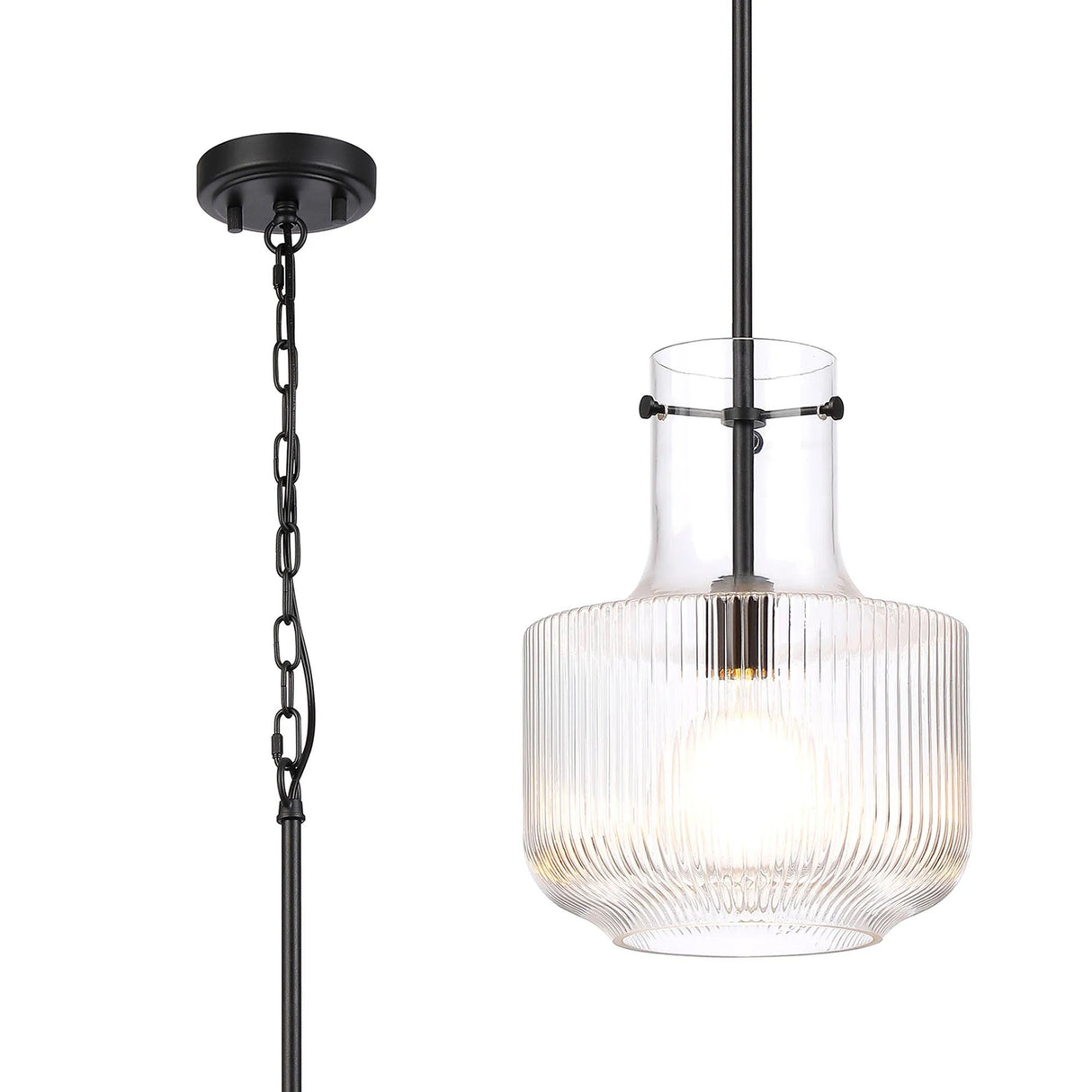 Traiantis Fluted Ribbed Glass Pendant, 1 x E27, Satin Black/Clear Glass