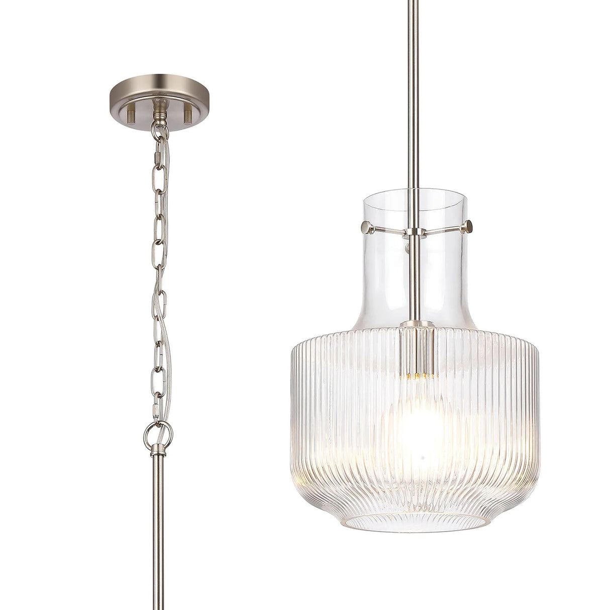 Traiantis Fluted Ribbed Glass Pendant, 1 x E27, Satin Nickel/Clear Glass