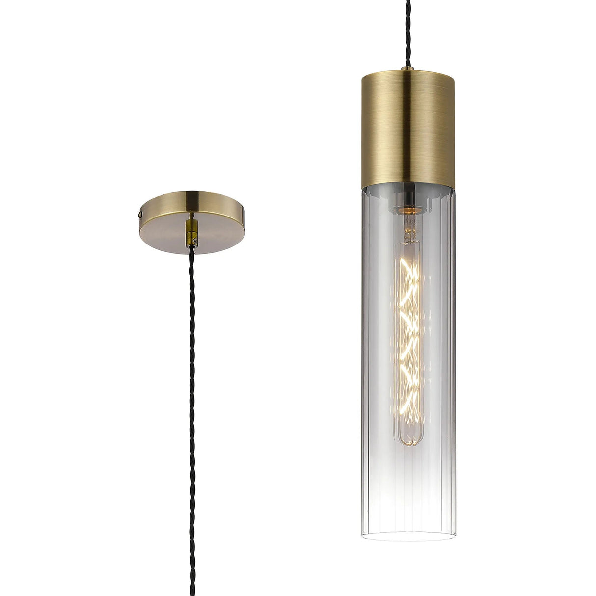 Usher Pendant With Tubular Glass, 1 x E27, Antique Brass/Smoke Fade/Black Braided Twisted Cable
