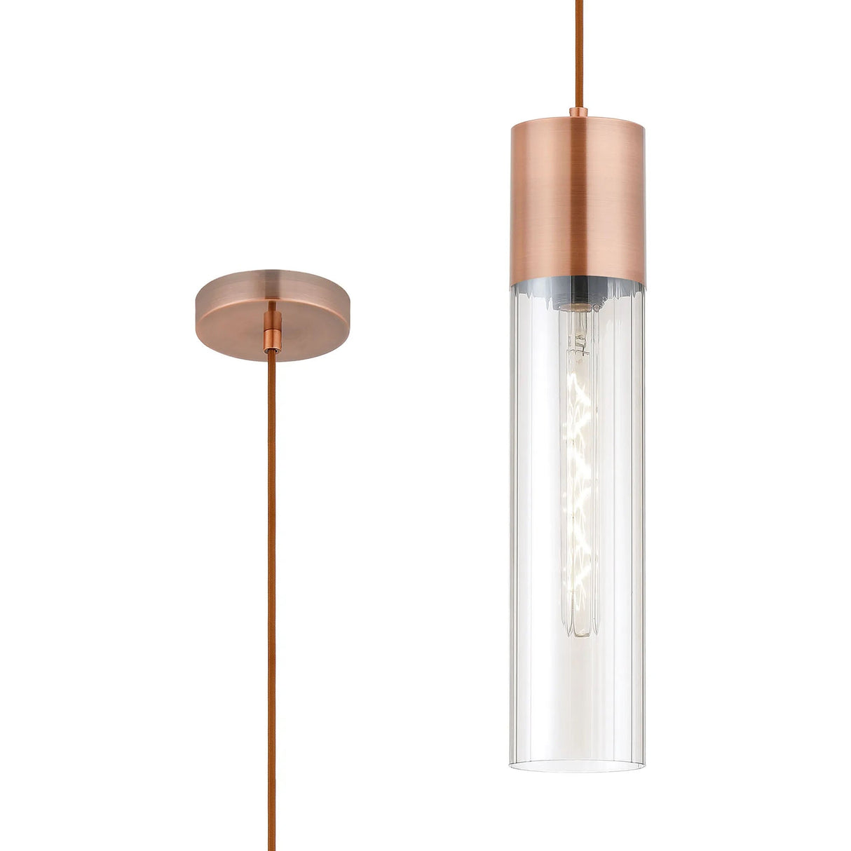 Usher Pendant With Tubular Glass, 1 x E27, Antique Copper/Clear/Brown Braided Cable