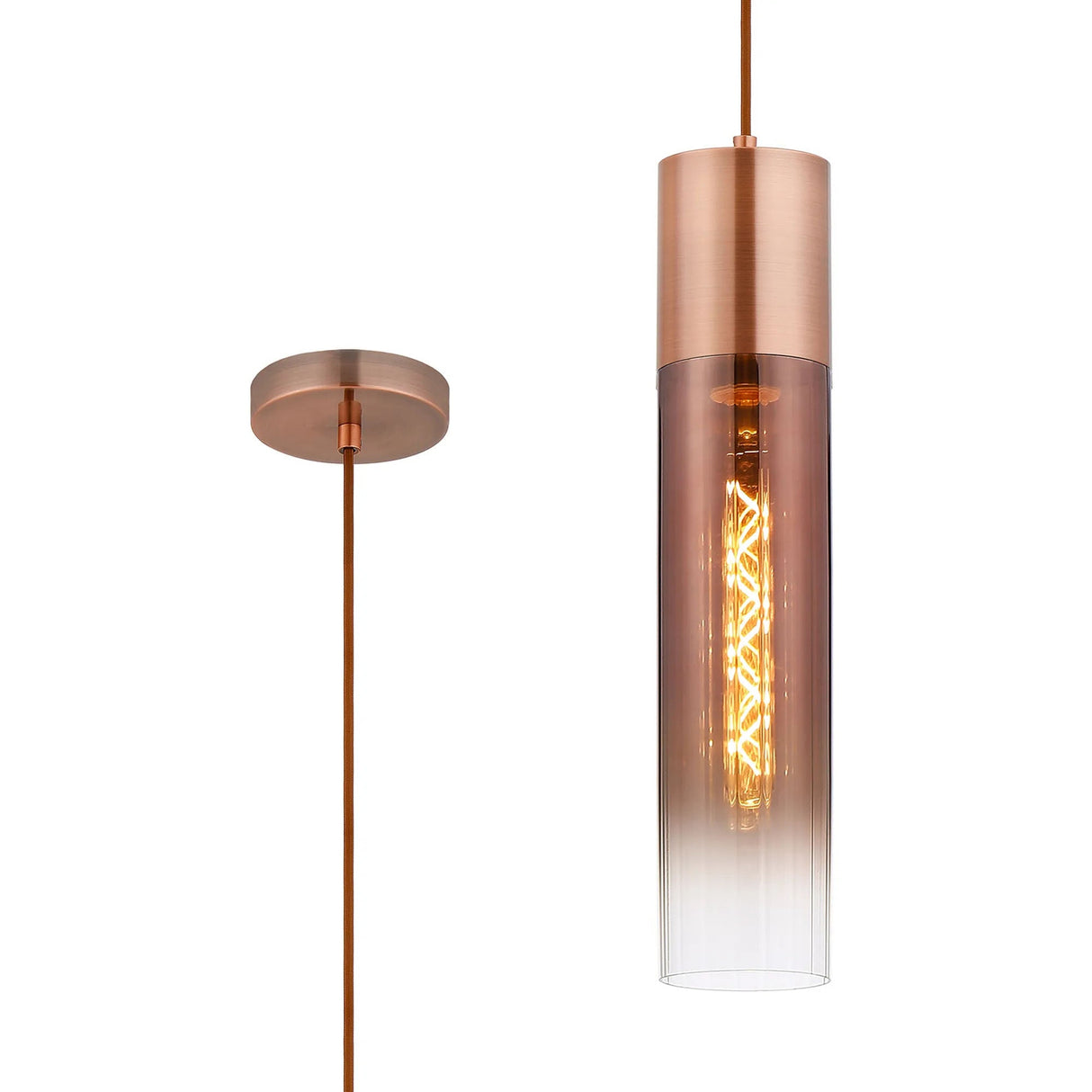 Usher Pendant With Tubular Glass, 1 x E27, Antique Copper/Copper Fade/Brown Braided Cable