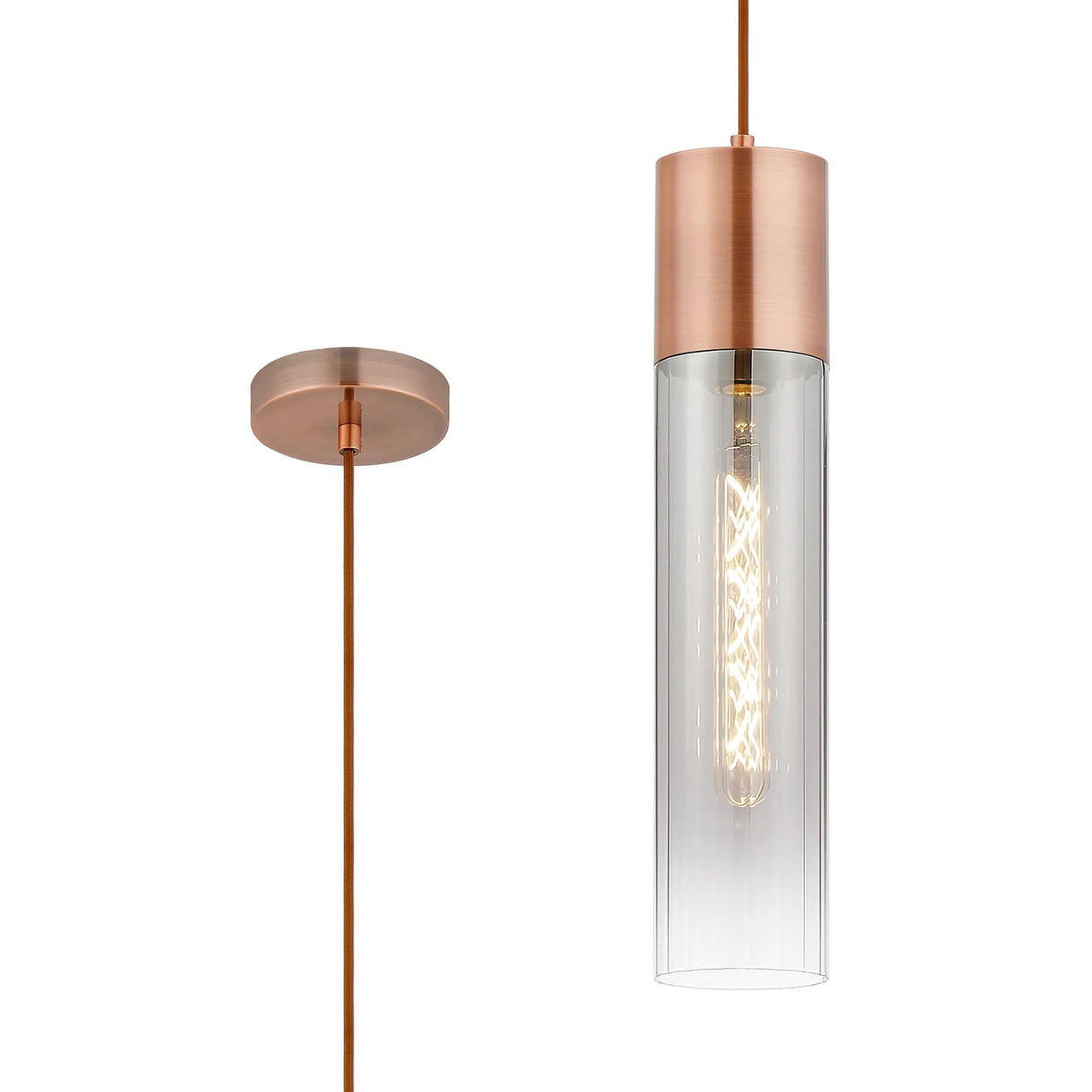 Usher Pendant With Tubular Glass, 1 x E27, Antique Copper/Smoke Fade/Brown Braided Cable