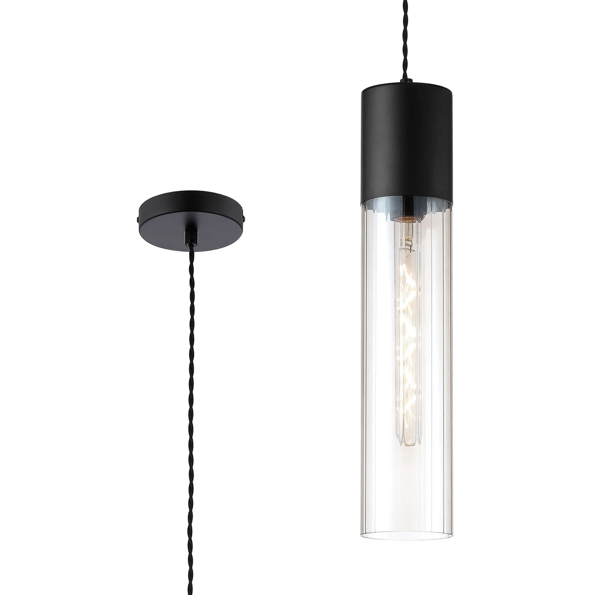 Usher Pendant With Tubular Glass, 1 x E27, Satin Black/Clear/Black Braided Twisted Cable