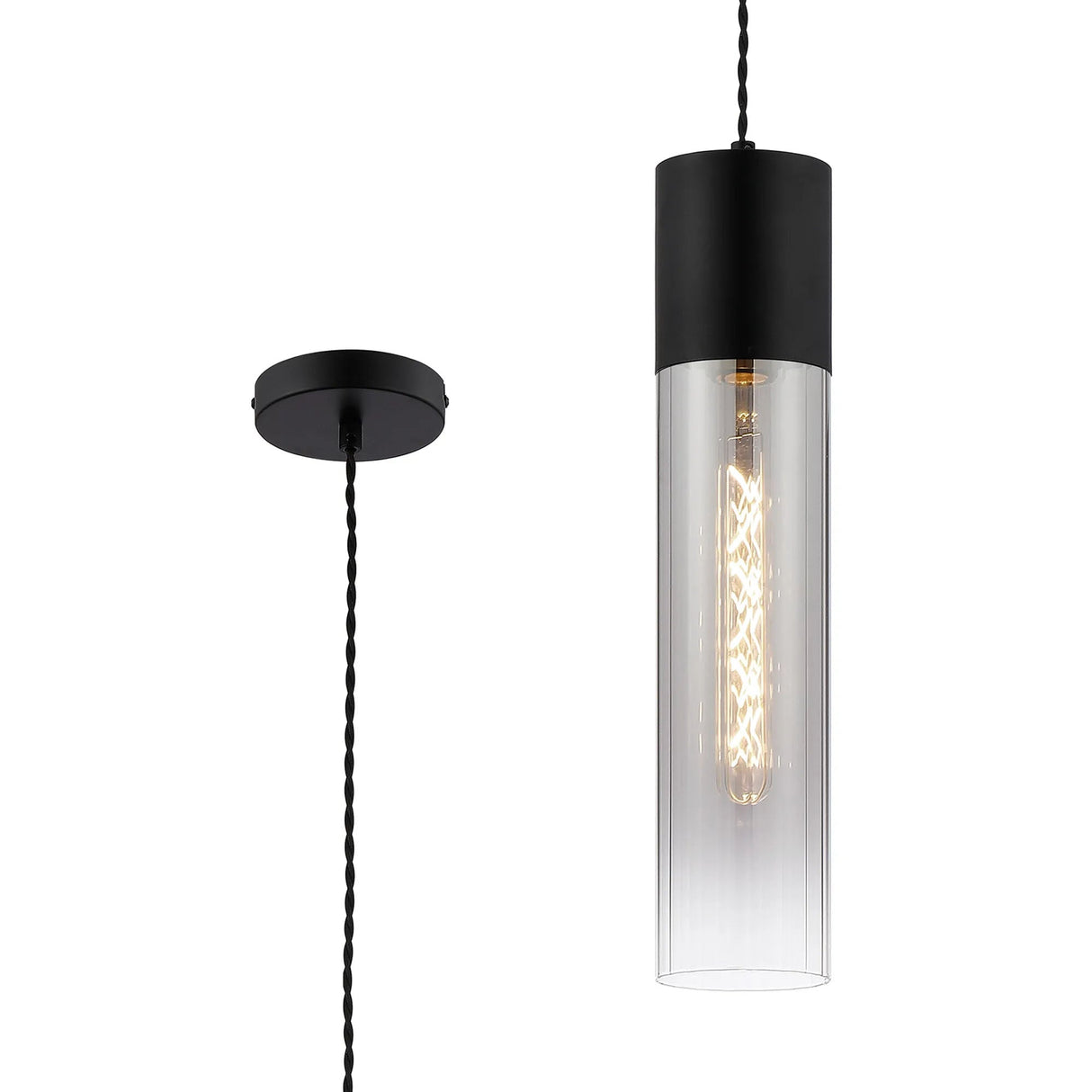 Usher Pendant With Tubular Glass, 1 x E27, Satin Black/Smoke Fade/Black Braided Twisted Cable