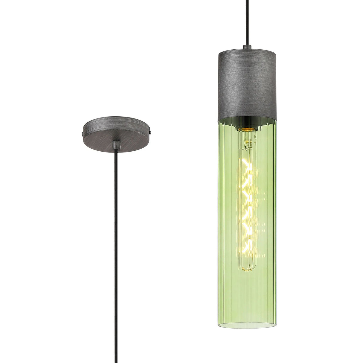 Usher Pendant With Tubular Glass, 1 x E27, Pewter/Green/Black Braided Cable