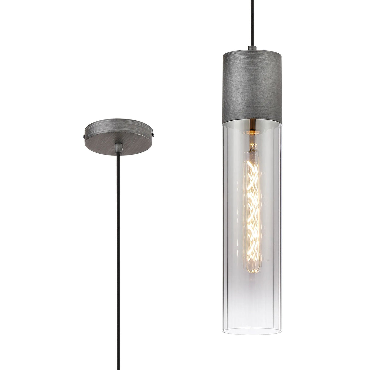 Usher Pendant With Tubular Glass, 1 x E27, Pewter/Smoke Fade/Black Braided Cable