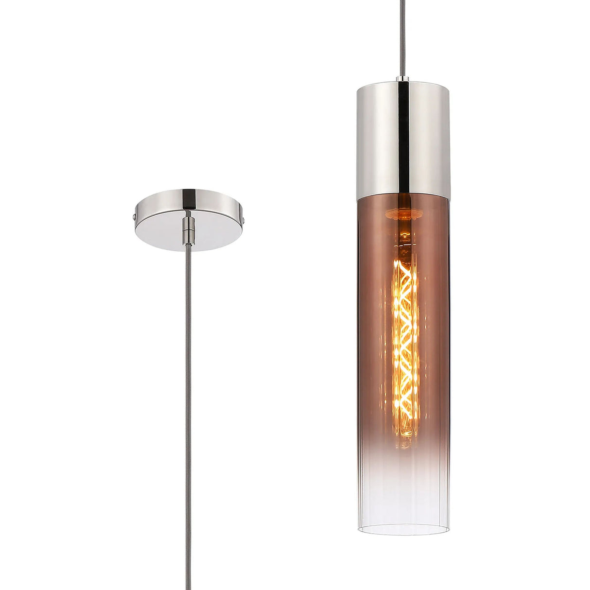 Usher Pendant With Tubular Glass, 1 x E27, Polished Nickel/Copper Fade/Dark Grey Braided Cable
