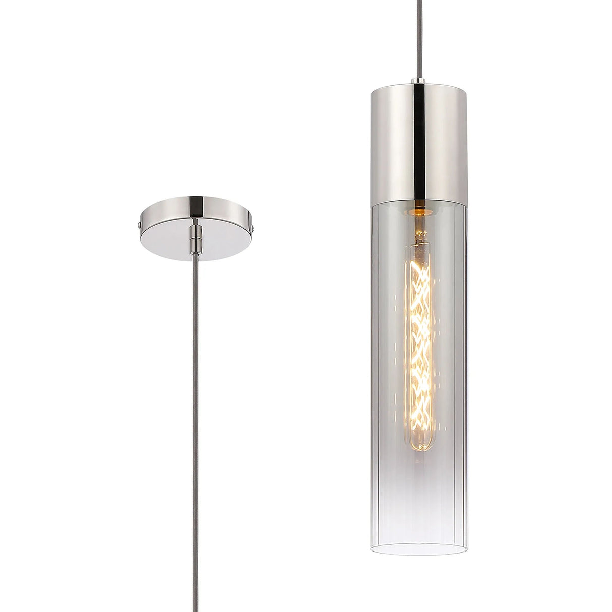 Usher Pendant With Tubular Glass, 1 x E27, Polished Nickel/Smoke Fade/Dark Grey Braided Cable
