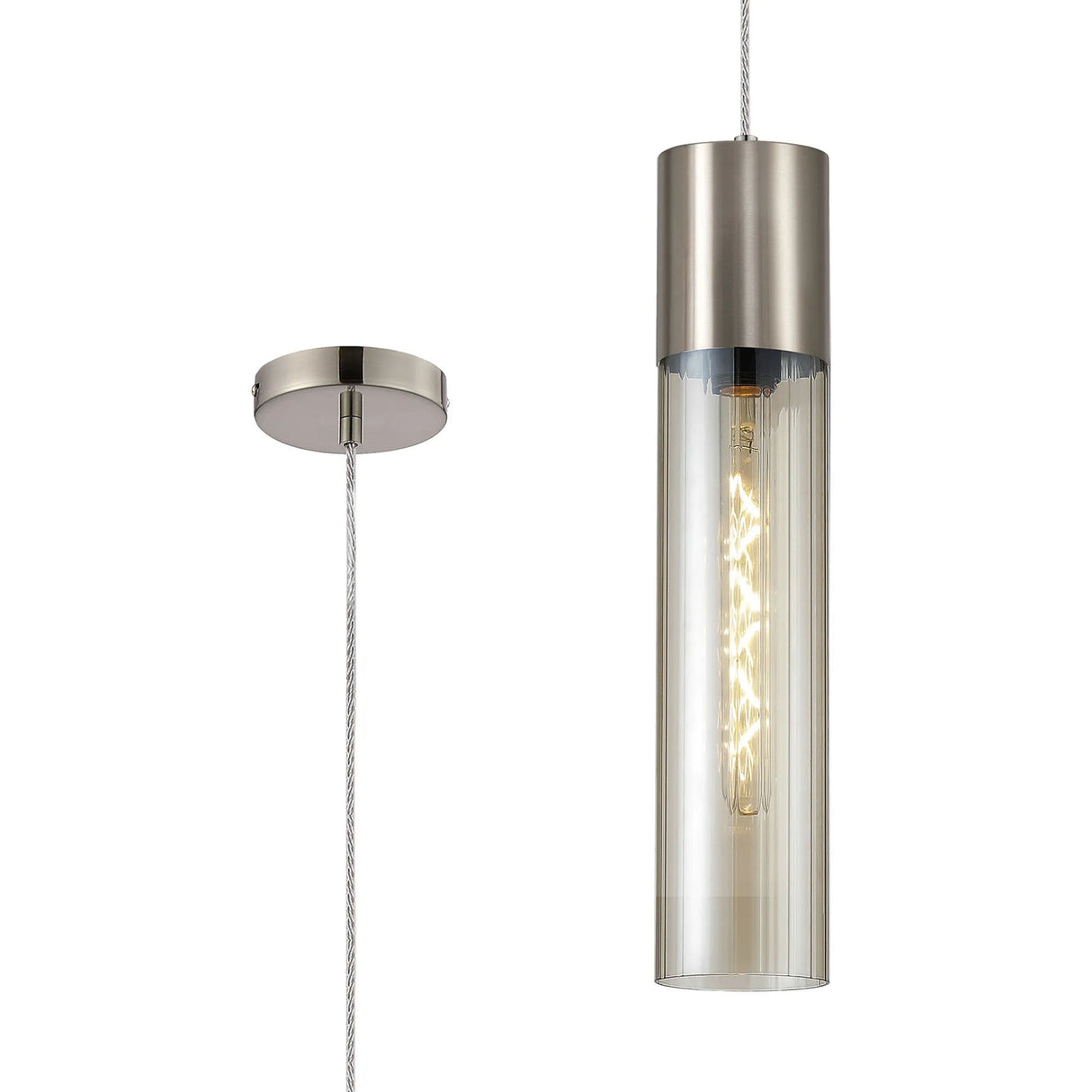 Usher Pendant With Tubular Glass, 1 x E27, Satin Nickel/Cognac/Clear Twisted Cable